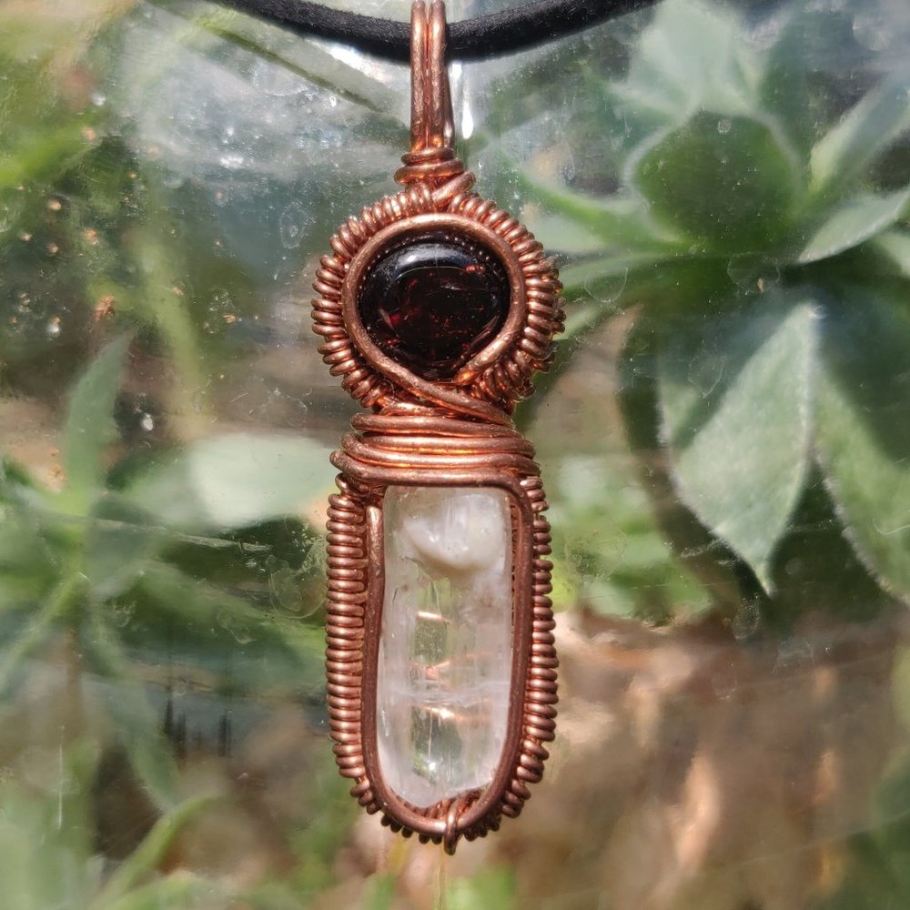 Wire wrap garnet and clear kunzite gem necklace
